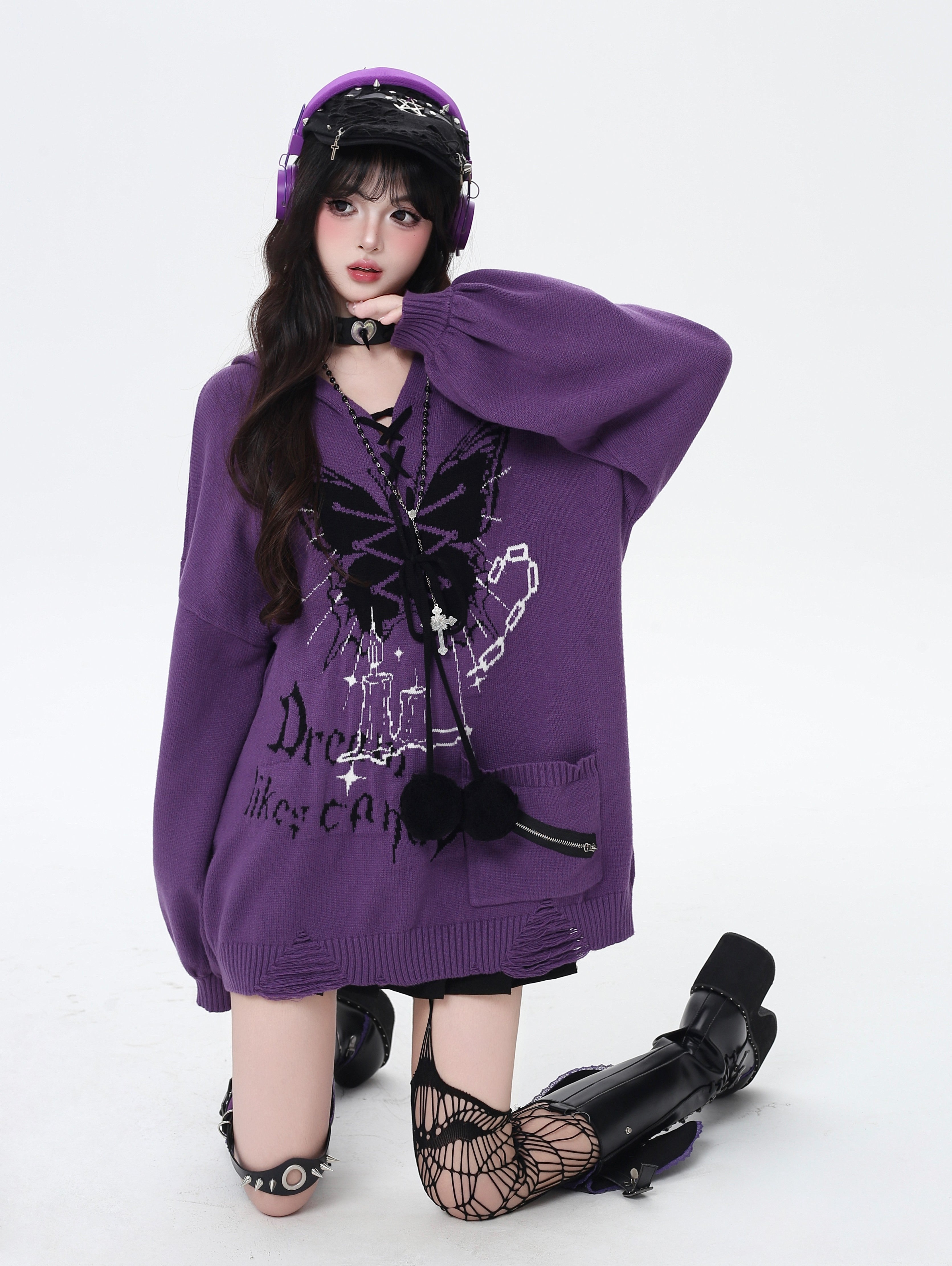 Crazy Girl Butterfly Shackles Original V-Neck Hood Oversized Lantern Sleeve Sweater – Fall & Winter