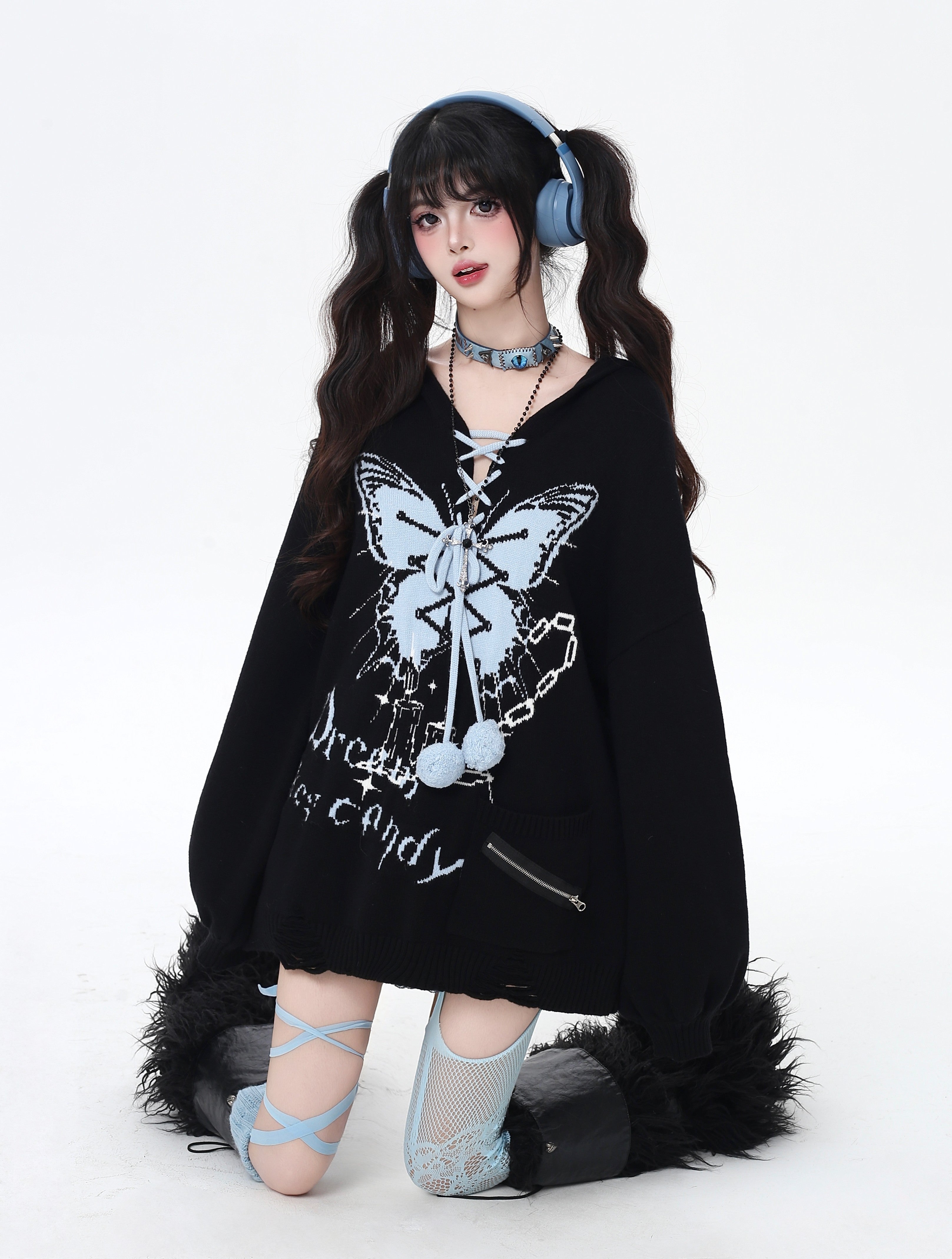 Crazy Girl Butterfly Shackles Original V-Neck Hood Oversized Lantern Sleeve Sweater – Fall & Winter