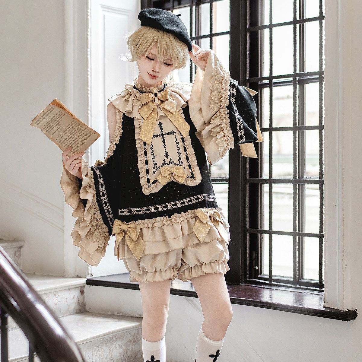 Gothic Lolita Prince Set - Dark Academia Cross Top & Shorts - S-2XL