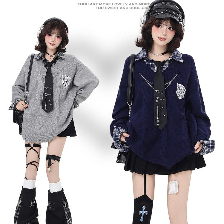 Art Student Vintage American Fake Two-Piece Plaid Oversized Casual Sweater – Fall Winter College