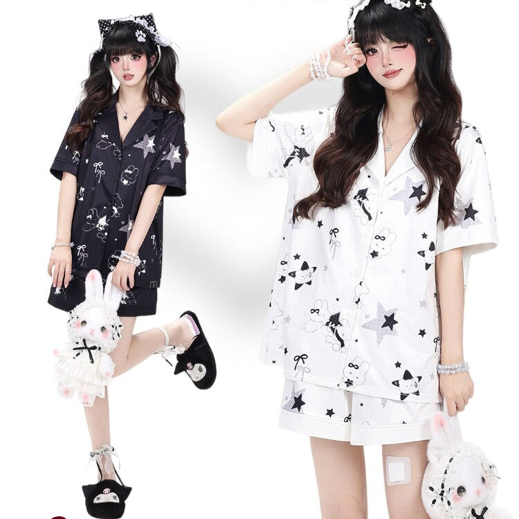 Black & White Little Rabbit Short Sleeve Original Skin-Friendly Girly Lounge Pajama Set – Summer Women