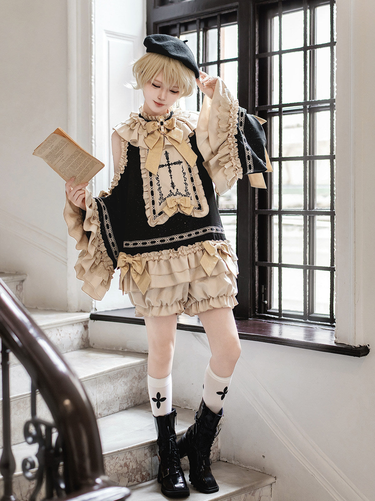 Gothic Lolita Prince Set - Dark Academia Cross Top & Shorts - S-2XL
