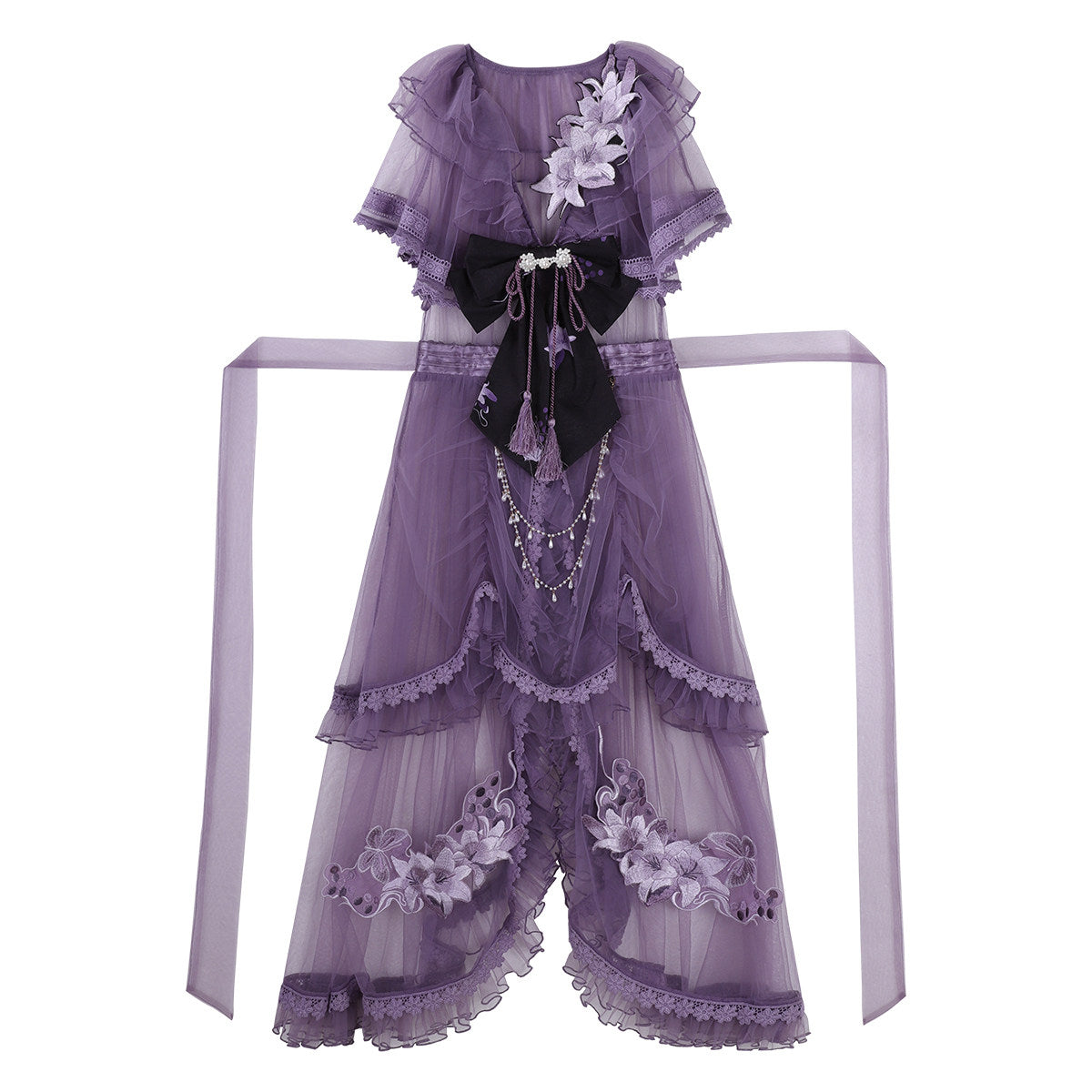 Purple Lily Chinese Lolita Set- Gauze Hanfu Jacket Cross Collar Dress Skirt - S-XL