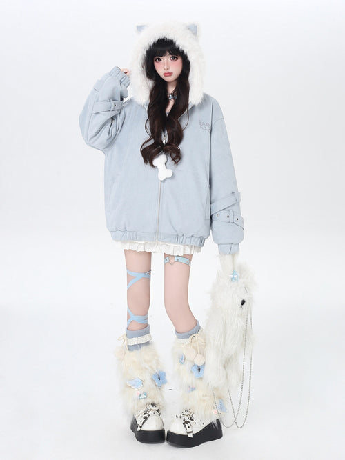 Angel Kitty Fluffy Cat Ear Oversized Quilted Cotton Jacket – Casual Warm Outerwear