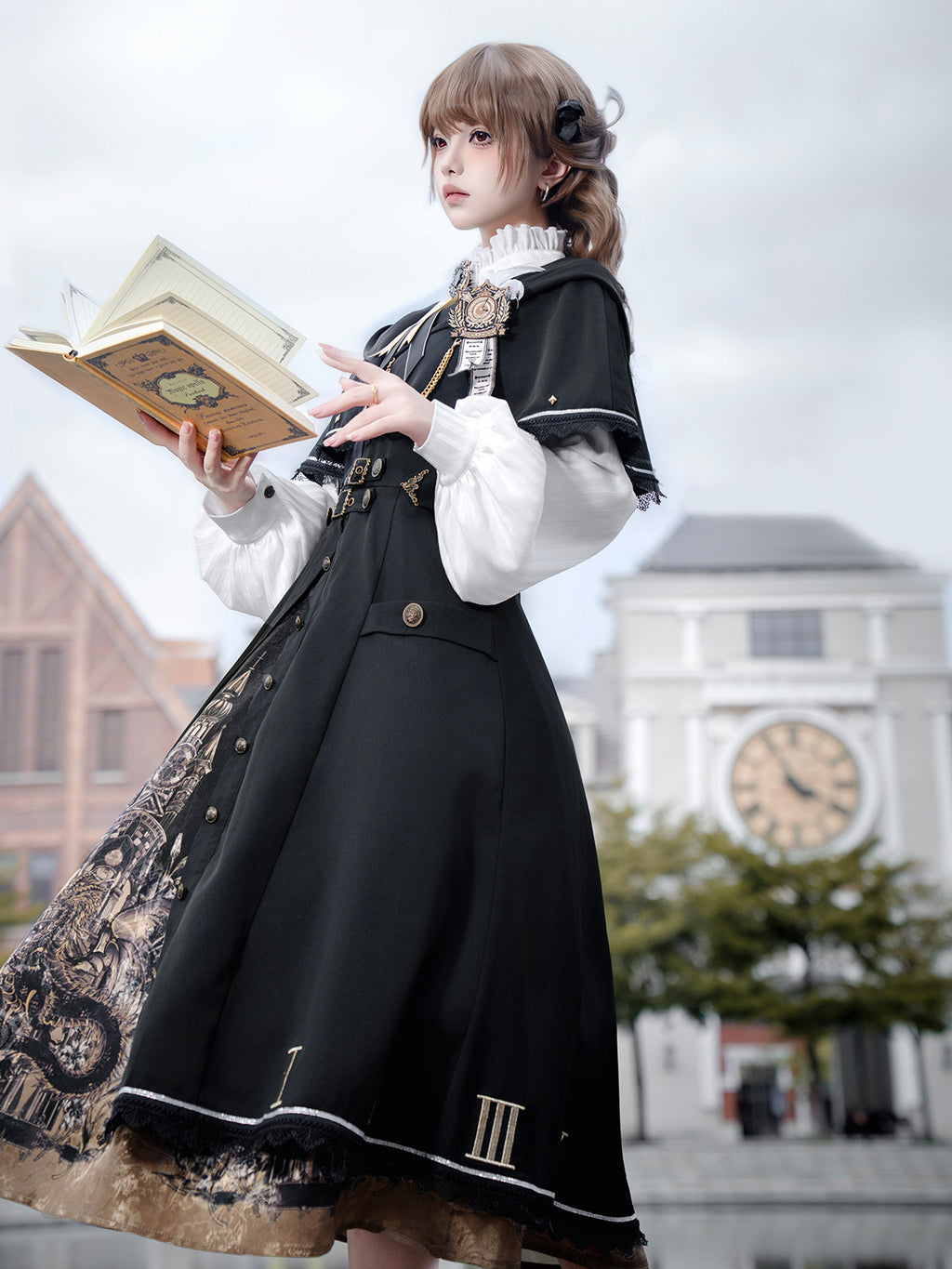 Time Dragon Lolita Set- Dark Academic Cape Coat Vintage Clock Print Dress- Black Gold S-XL
