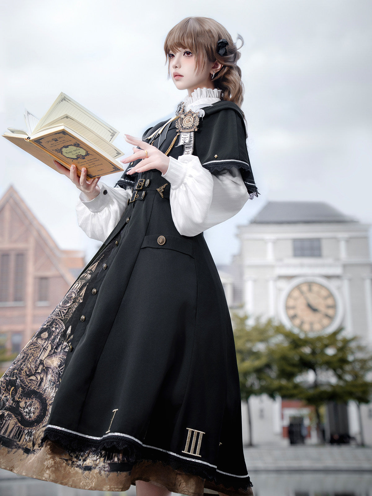Time Dragon Lolita Set- Dark Academic Cape Coat Vintage Clock Print Dress- Black Gold S-XL