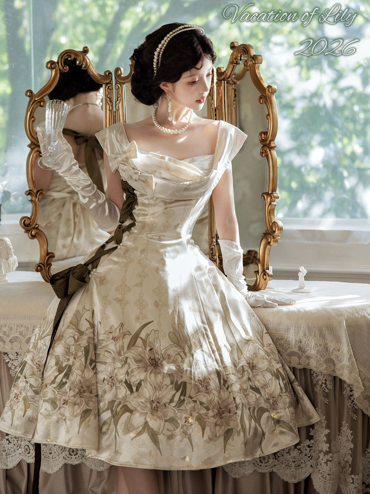 Vacation of Lily Classic Lolita Satin JSK Dress- Ivory Lily Print Elegant- S-2XL