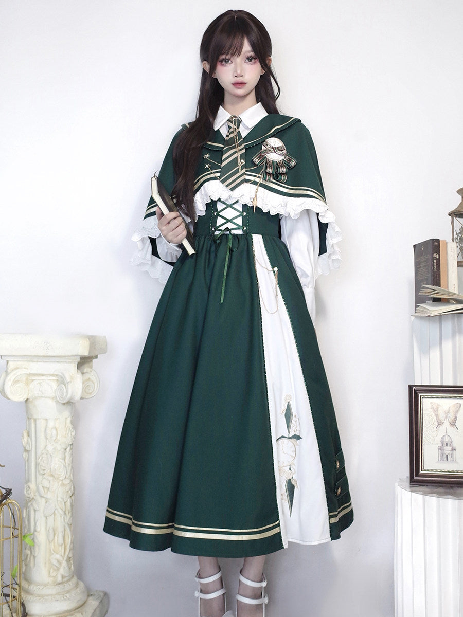 Time Traveler Lolita 4-Piece Set - Suspender Dress Shirt Cape Tie - Dark Green Autumn Winter S-XXL