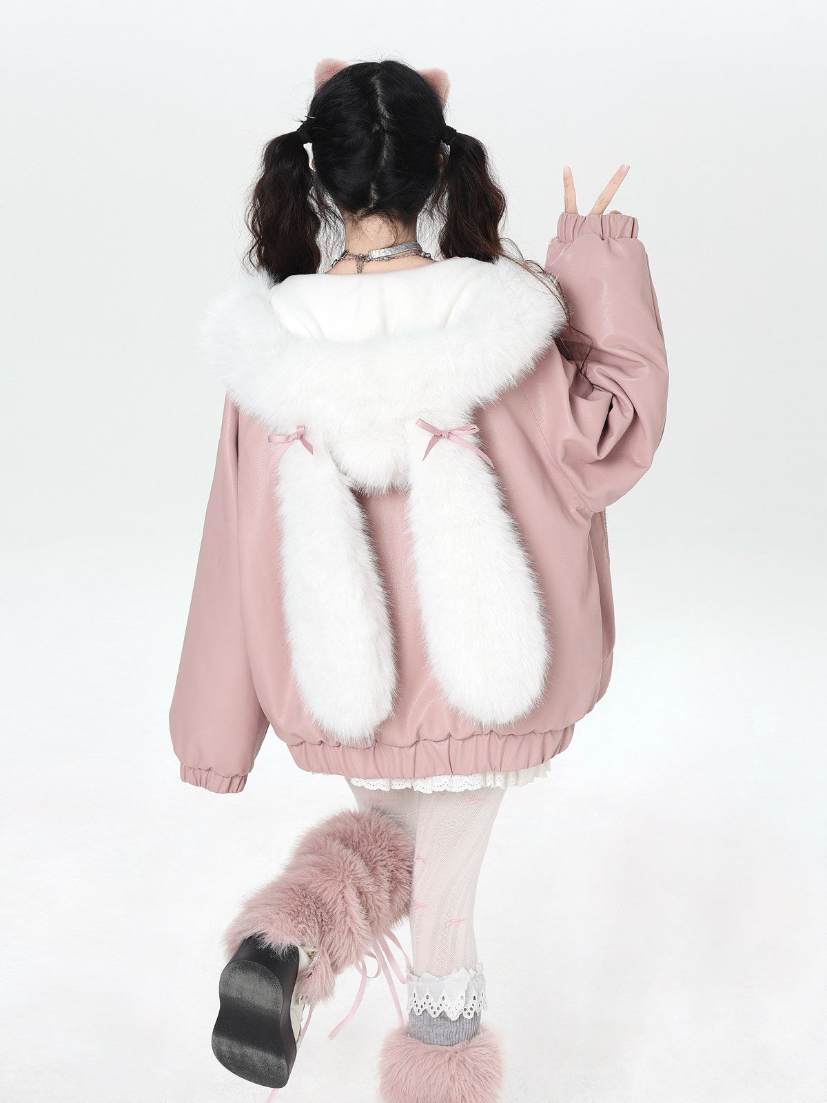 CrazyGirl Snow Girl Original Bunny Ear Hood Leather Jacket – Winter Versatile Cotton Lined Jacket