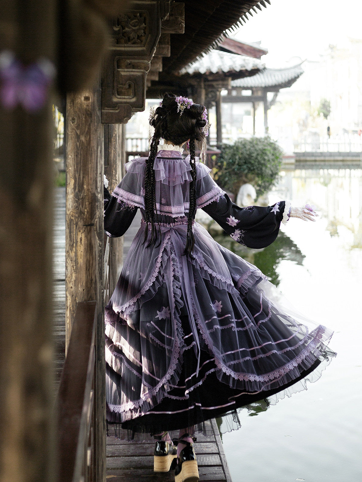 Purple Lily Chinese Lolita Set- Gauze Hanfu Jacket Cross Collar Dress Skirt - S-XL
