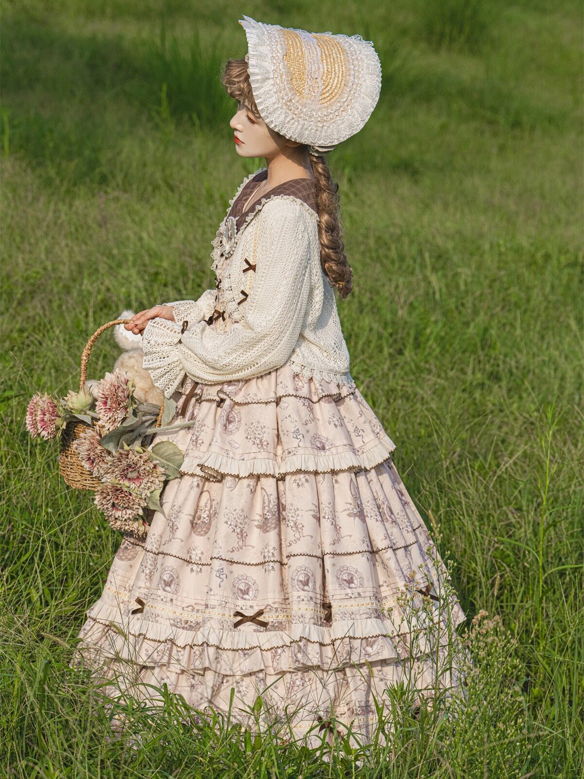 Elegant Lolita Dress Set - Floral Tiered Midi Dress & Coat - Autumn Cream