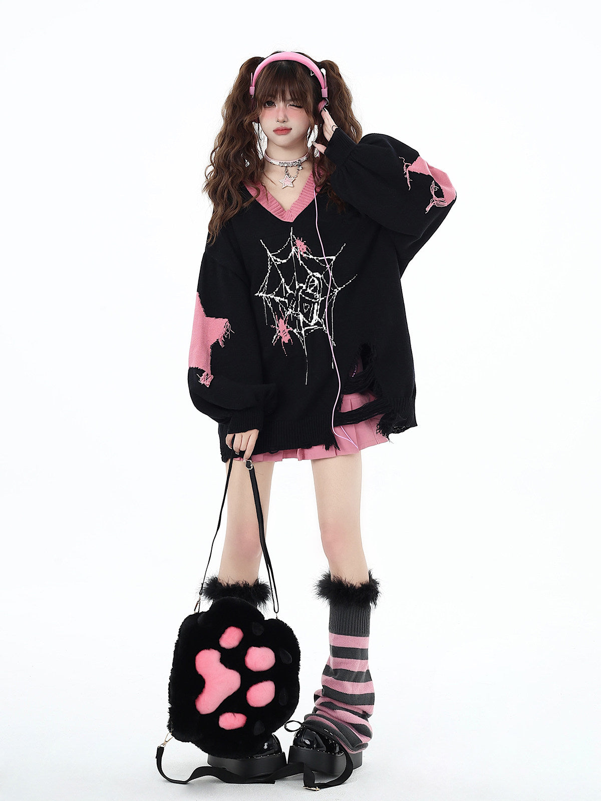 Pure Love Cycle Original Dark Sweet Cool Star V-Neck Loose Knit Pullover Sweater – Fall Winter