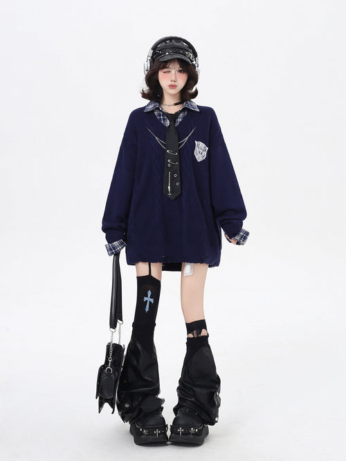 Art Student Vintage American Fake Two-Piece Plaid Oversized Casual Sweater – Fall Winter College
