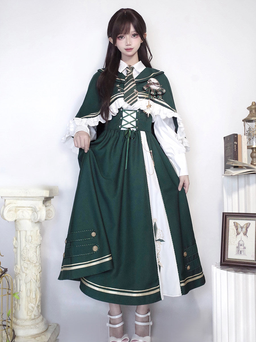 Time Traveler Lolita 4-Piece Set - Suspender Dress Shirt Cape Tie - Dark Green Autumn Winter S-XXL