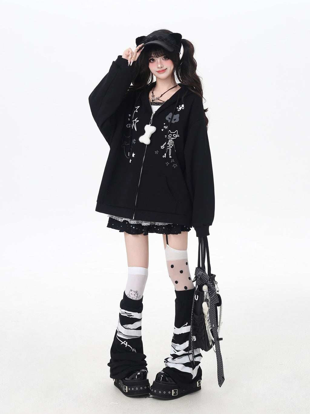 Ou01 _ Cat Ear Drawstring Hoodie Zip Jacket – Oversized Fall Sweatshirt | pynkpig