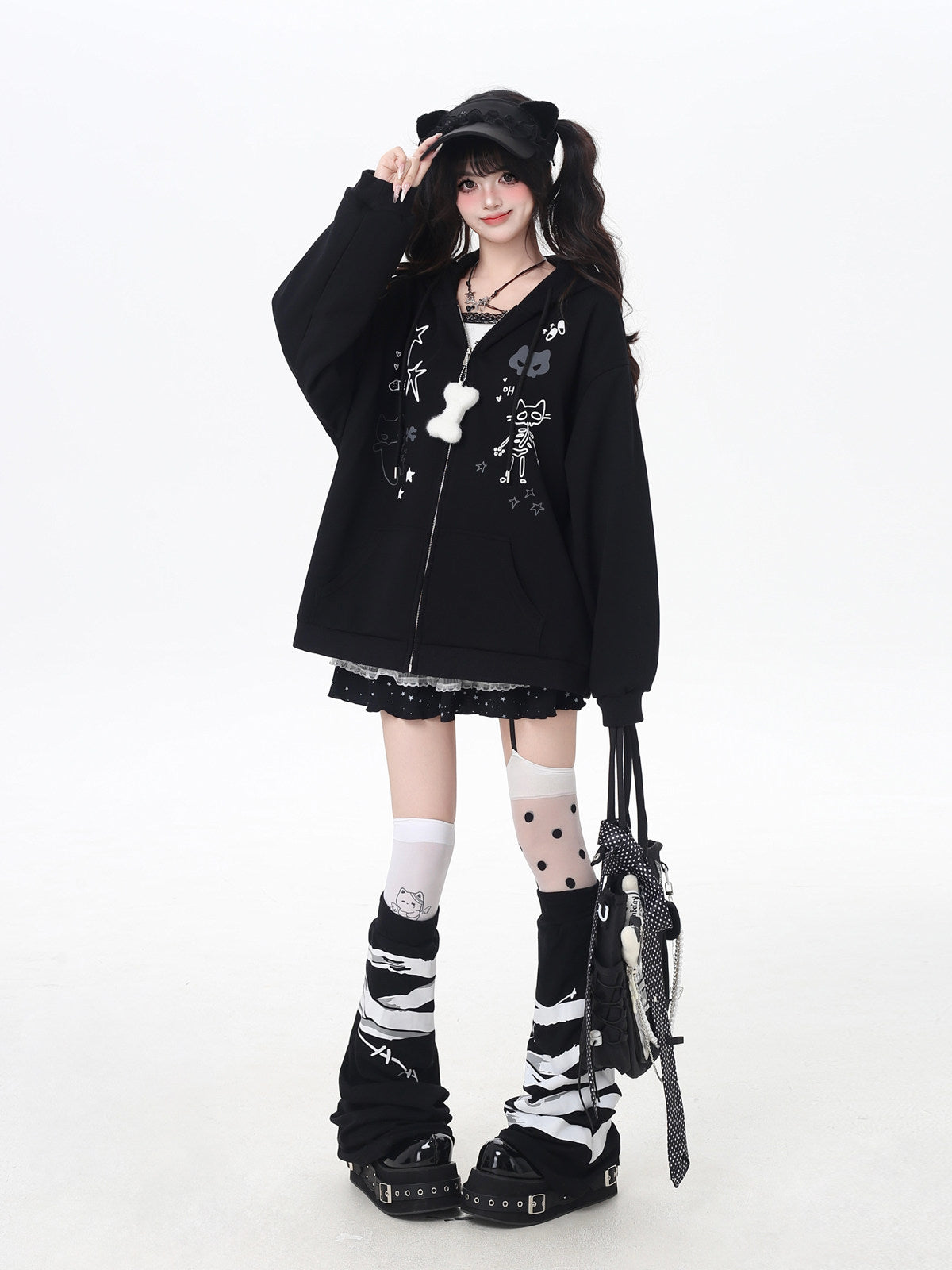 Crazy Girl Cute Cat Ear Drawstring Hoodie Zip Jacket – Oversized Fall Sweatshirt