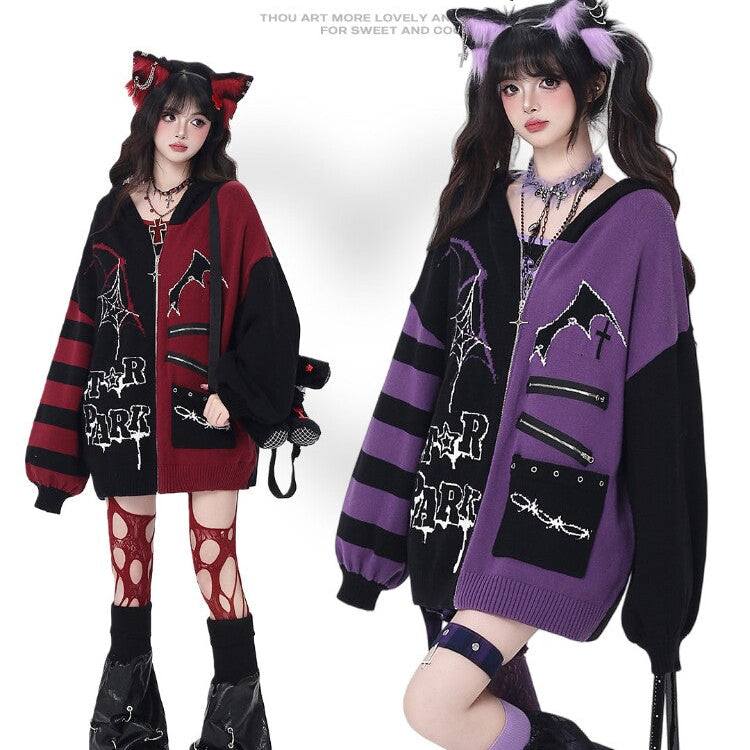 Night Worker Original Gothic Color Block Oversized Knit Cardigan Sweater