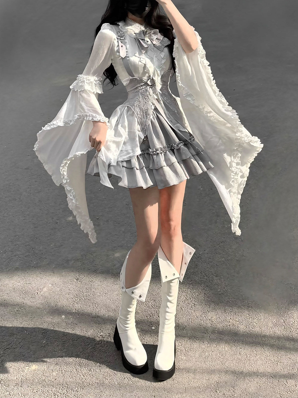 Silver Key Gothic Lolita Set - White Shirt Waist Belt Skirt - S-2XL
