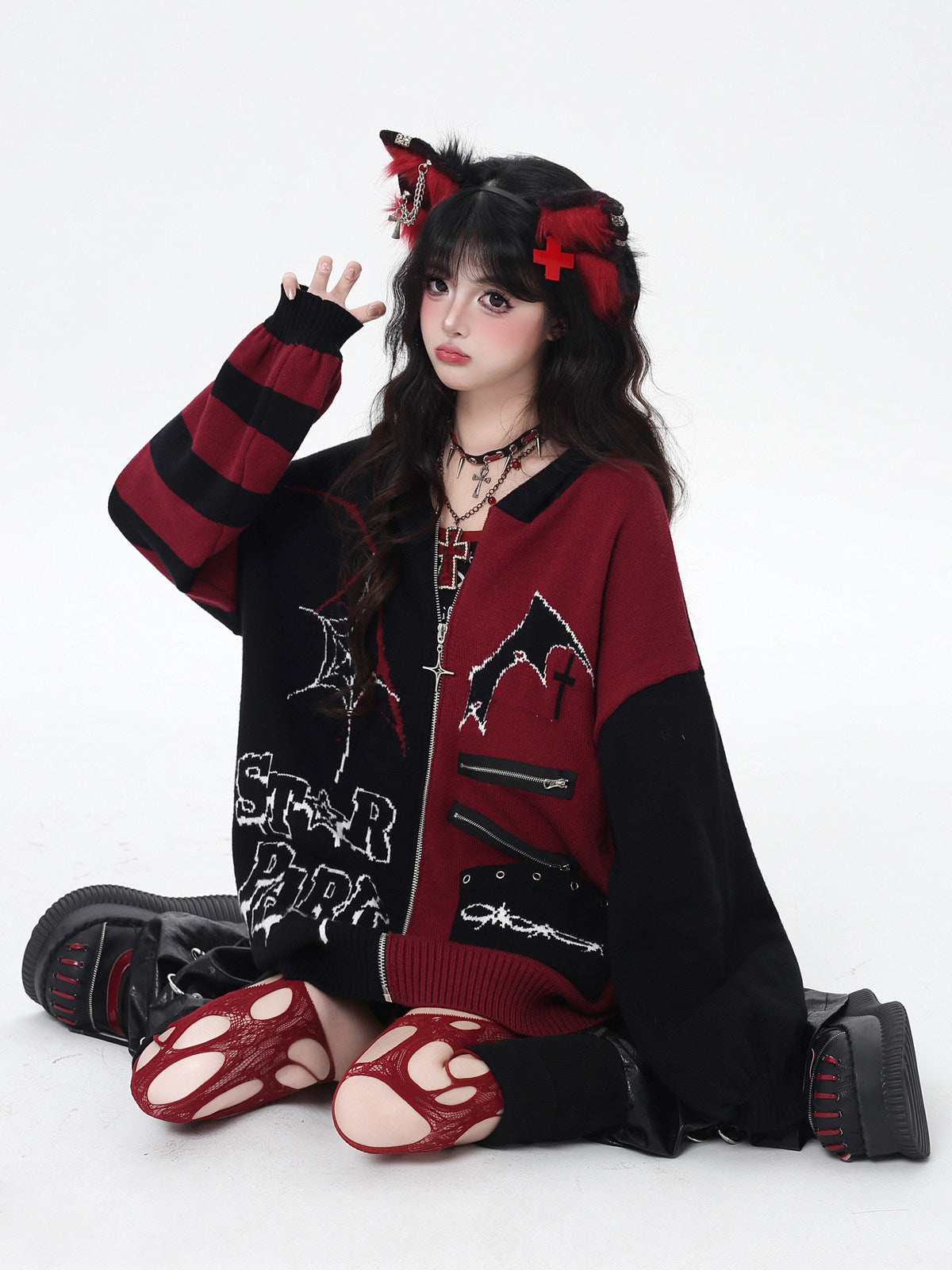 Night Worker Original Gothic Color Block Oversized Knit Cardigan Sweater