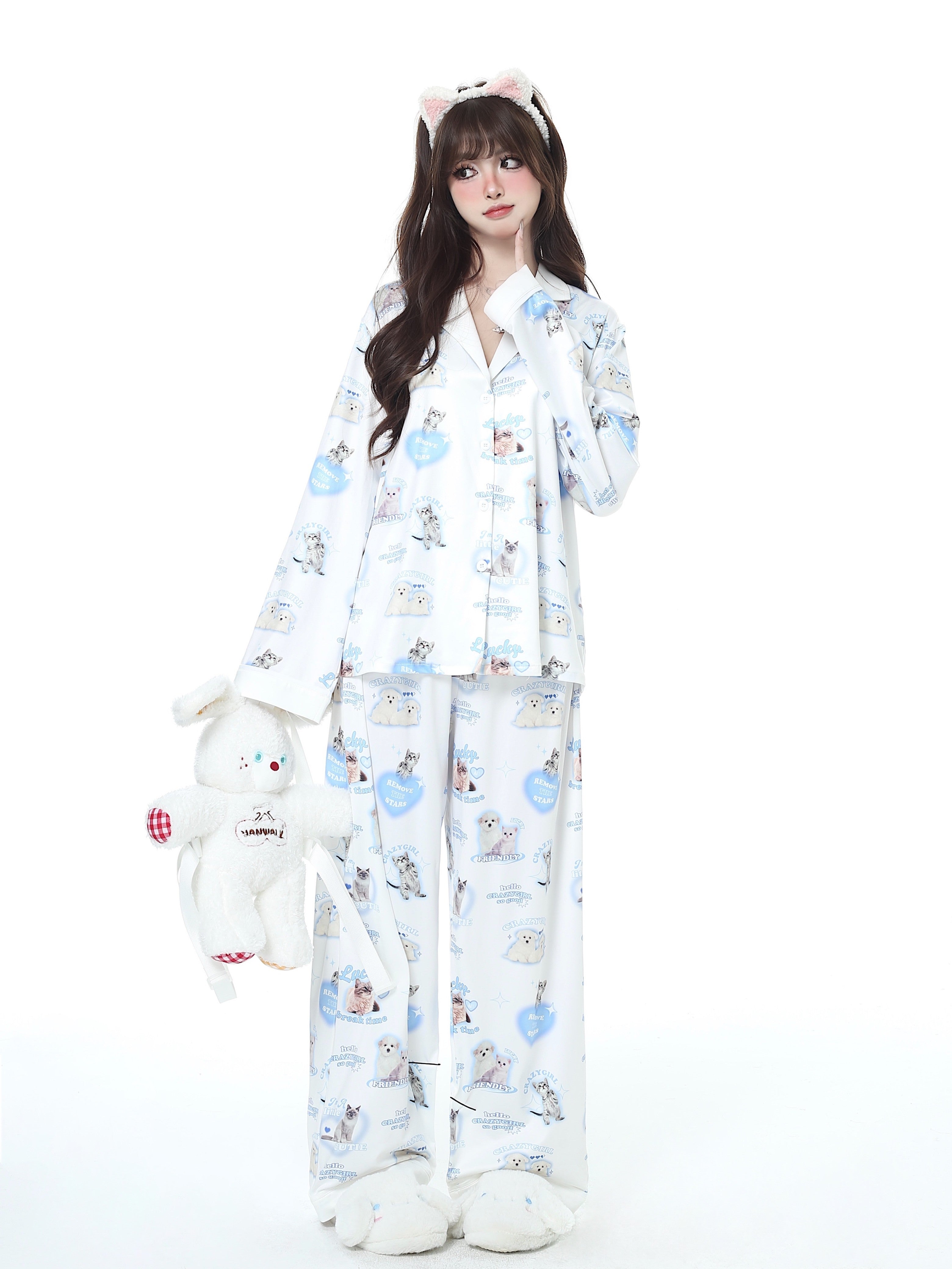 CRAZYGIRL Goodnight Kitten Original Spring Summer Skin-Friendly Pajama Set & Nightdress – Women's Home Lounge Set