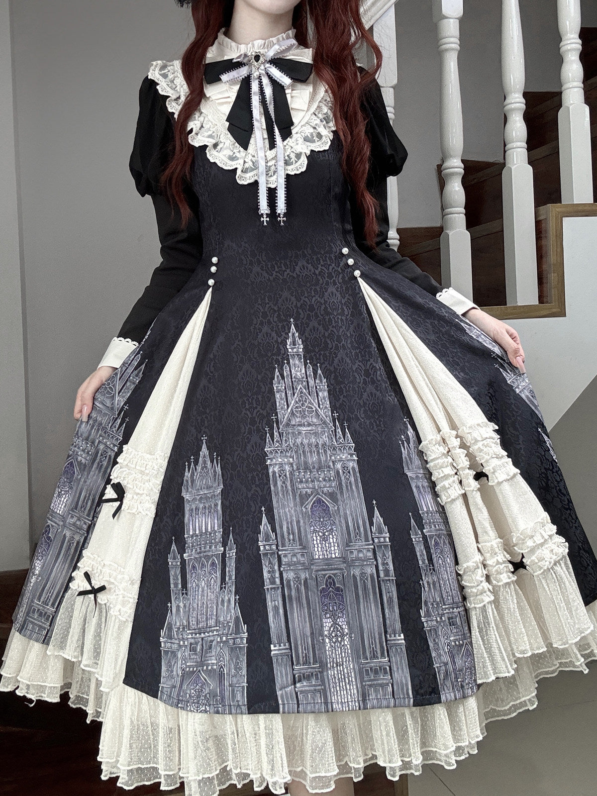 Church Bell Gothic Cathedral Classic Lolita Dress - Long Sleeve E-egant Black - S-L