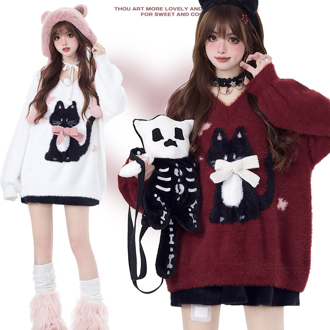 Lazy Little Cat Original Ribbon Soft Cozy Oversized Inner Sweater – Fall Winter New Year Red