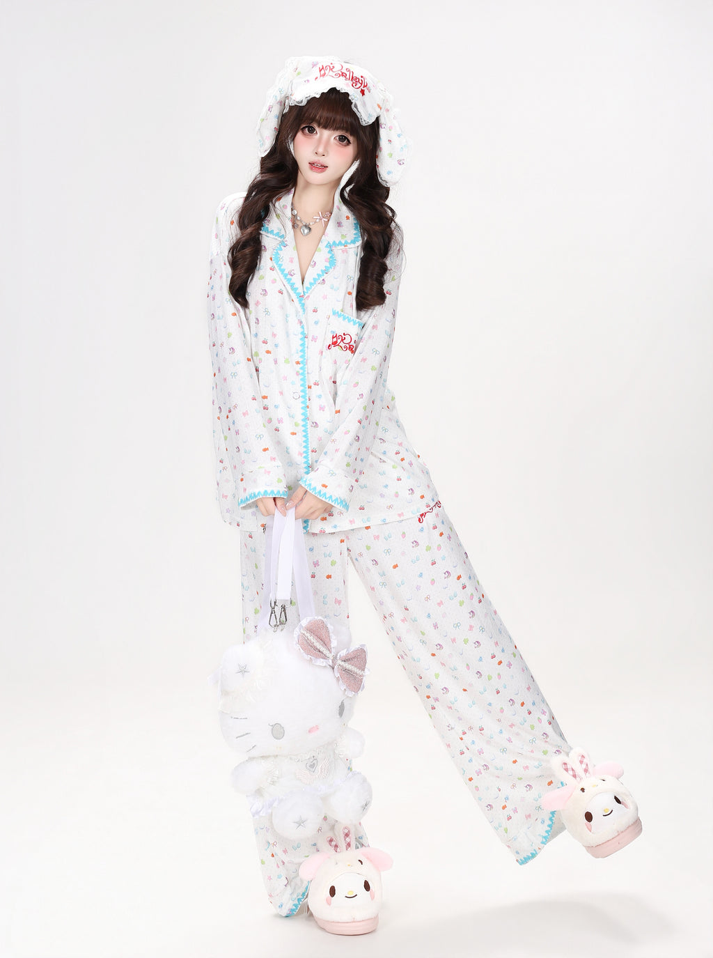 CrazyGirl Sweet Dreamy Colorful Bunny Print Soft Oversized Lounge Pajama Set – Spring & Fall Long Sleeve
