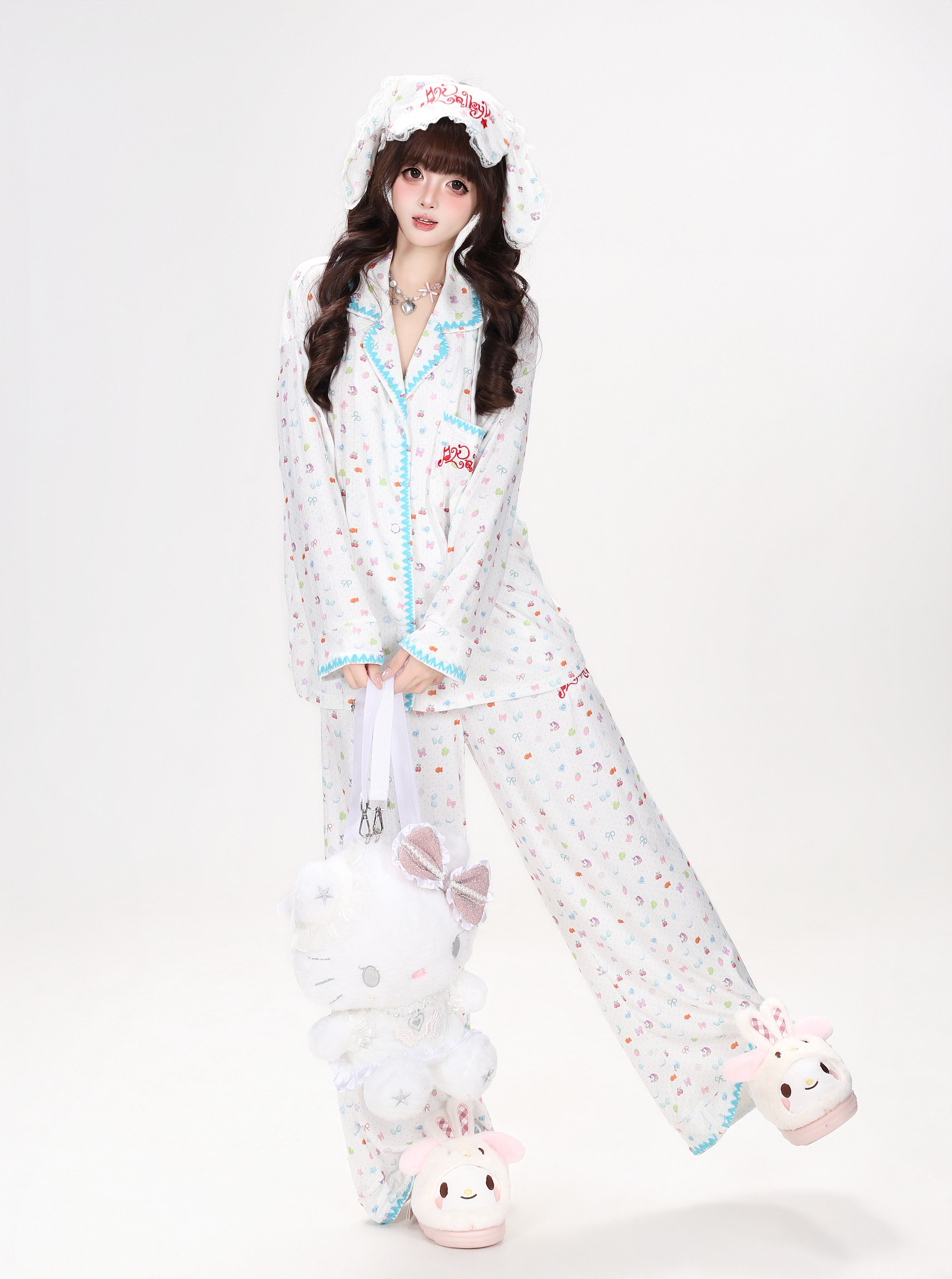 CrazyGirl Sweet Dreamy Colorful Bunny Print Soft Oversized Lounge Pajama Set – Spring & Fall Long Sleeve
