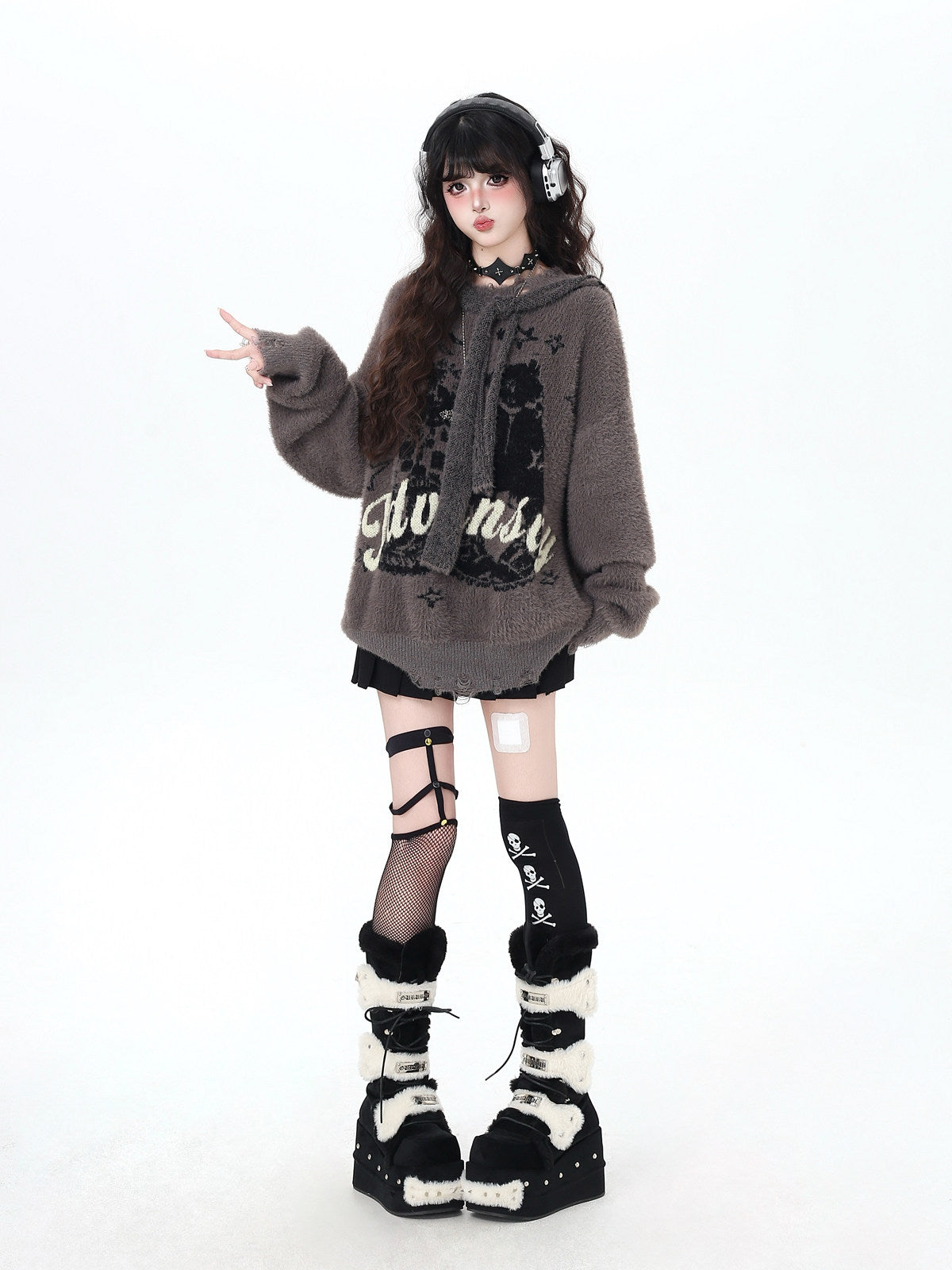 Crazy Girl Detachable Hat Faux Mink Fur Vintage Letter Oversized Casual Soft Sweater