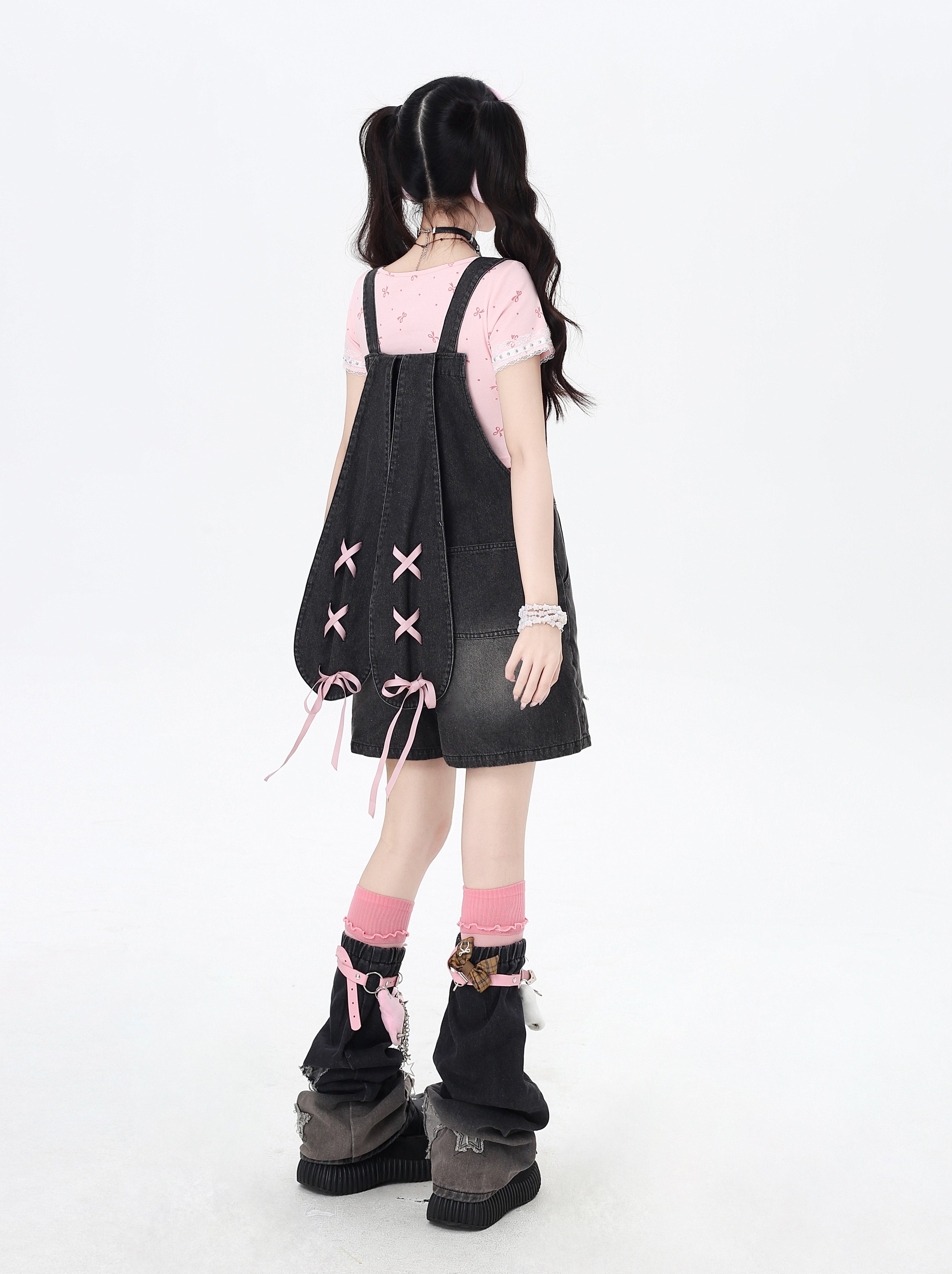 CrazyGirl Clii Rabbit Original Sweet Bunny Ear Tie Embroidery Denim Suspender Shorts – Summer