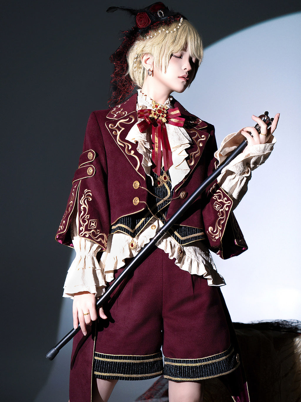 Prince Ouji Lolita Set- Embroidered Jacket Top Shorts-Burgundy Autumn Winter S-XXL