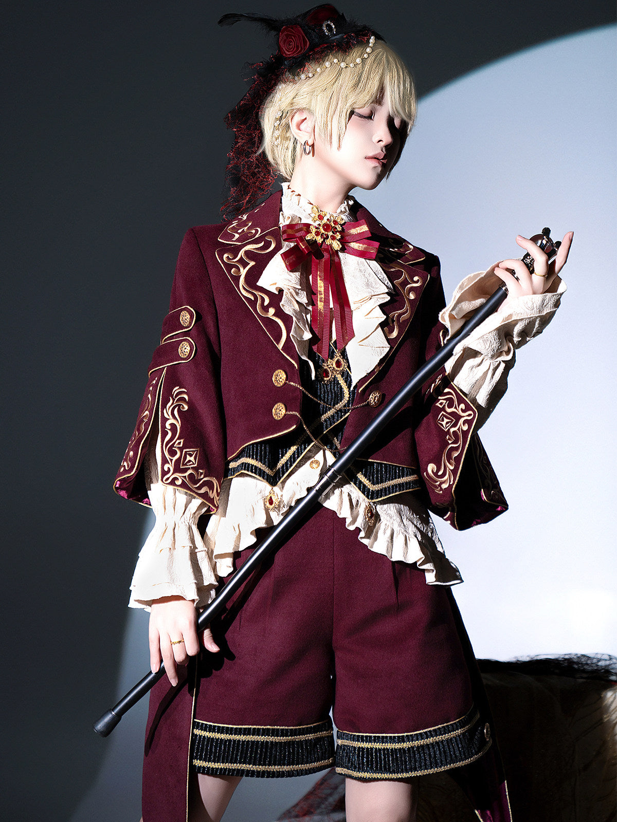 Prince Ouji Lolita Set- Embroidered Jacket Top Shorts-Burgundy Autumn Winter S-XXL