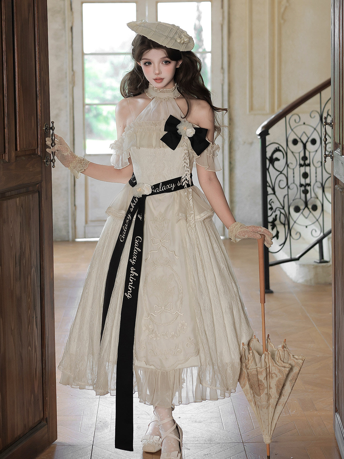 Bird Floral Classic Lolita Dress - Off Shoulder Halter - Vintage Lace Midi Dress