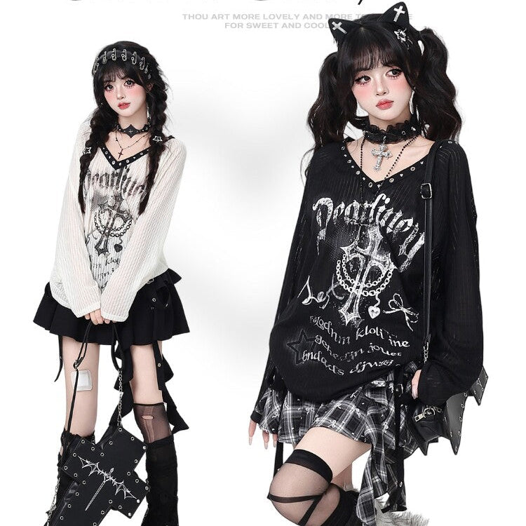 Shibuya Angel Subculture V-Neck Niche Design Oversized Sheer Long Sleeve Top T-Shirt – Spring Fall