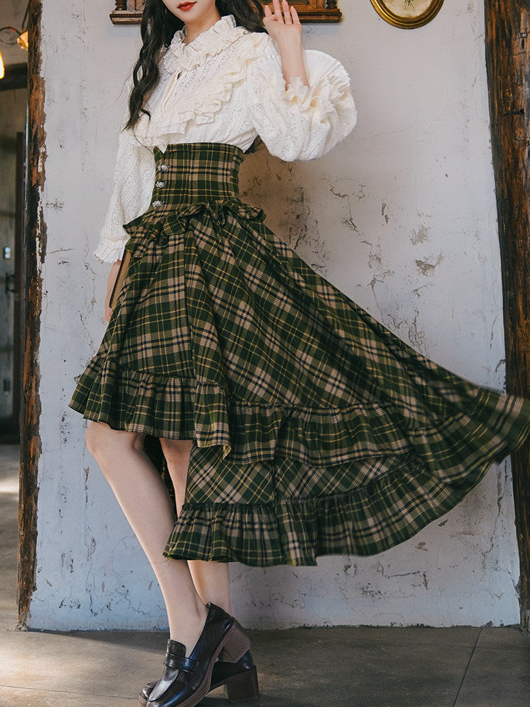 MiAi Original Moon Shadow Ode Victorian Dark Green Plaid Lolita Skirt | Rose Clasp Ruffle Long | S-L