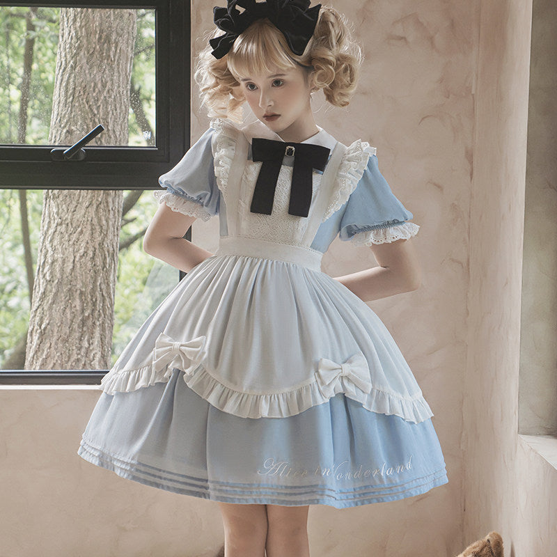 Alice in Wonderland Sweet Lolita OP Dress - Blue Short Sleeve with Apron- S-XXL
