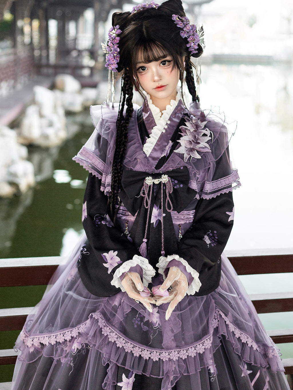 Purple Lily Chinese Lolita Set- Gauze Hanfu Jacket Cross Collar Dress Skirt - S-XL