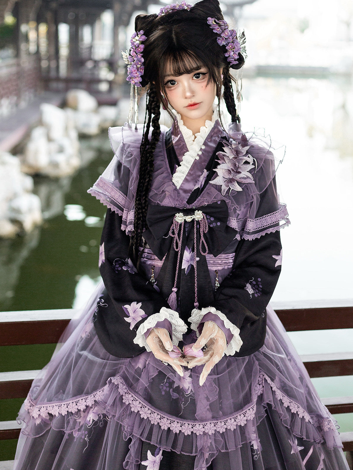 Purple Lily Chinese Lolita Set- Gauze Hanfu Jacket Cross Collar Dress Skirt - S-XL