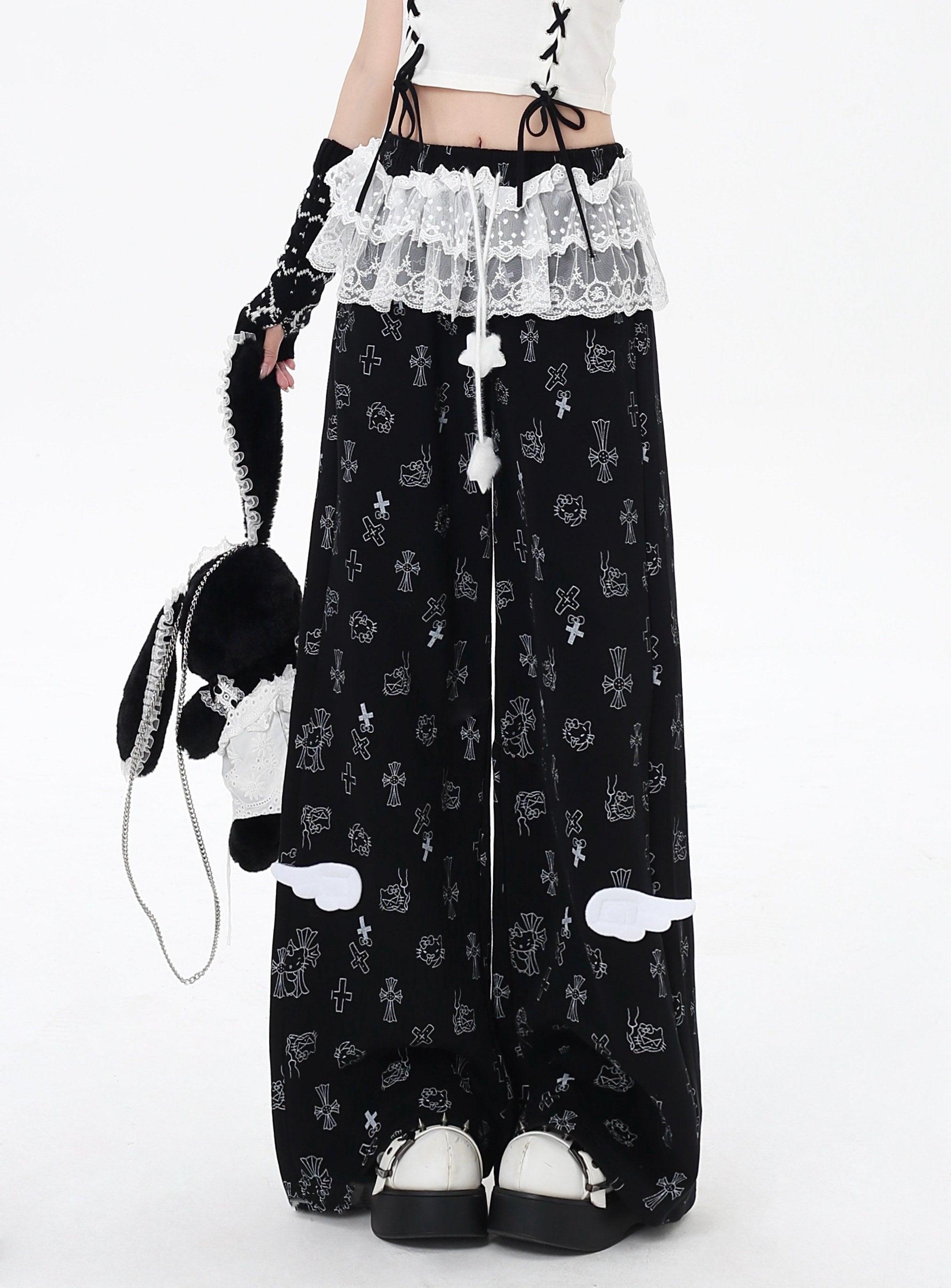 Katie Print Sweet Cool Lace Trim Feminine Casual Oversized Lounge Pants – Women's Sweatpants