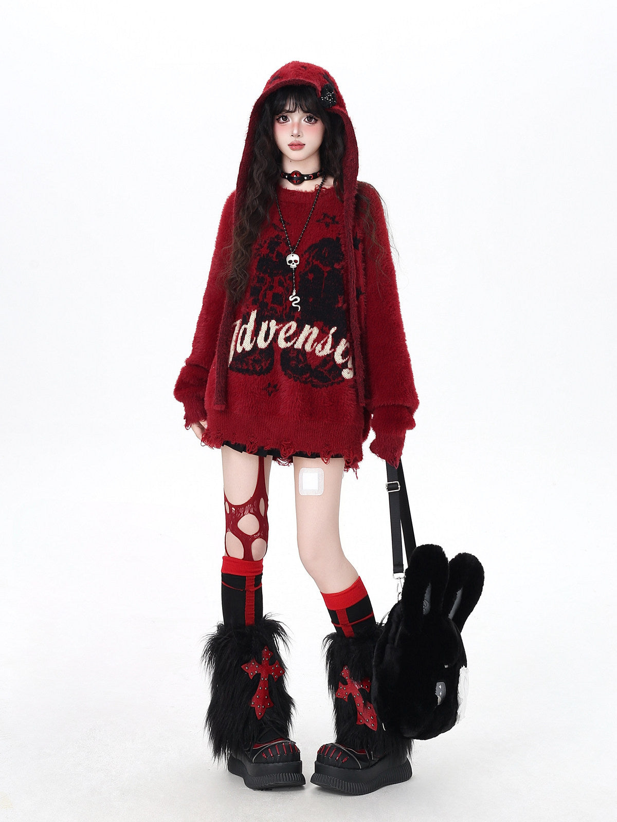 Crazy Girl Detachable Hat Faux Mink Fur Vintage Letter Oversized Casual Soft Sweater