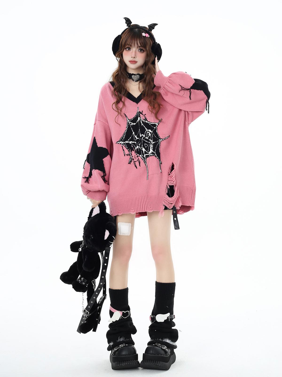 Pure Love Cycle Original Dark Sweet Cool Star V-Neck Loose Knit Pullover Sweater – Fall Winter