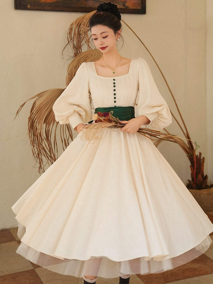 Laurel Ball French Vintage Jacquard Dress - Apricot Ivory Big Bow Belt- S-XL