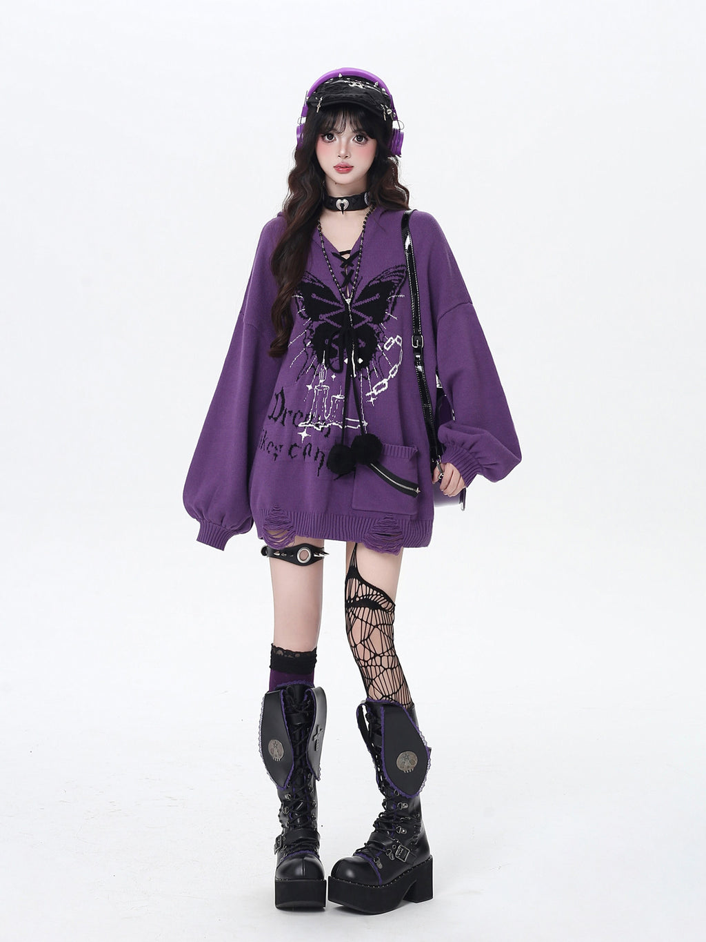 S03 _ Butterfly Embroidery V-Neck Hoodie Sweater – Lantern Sleeve Oversized Knit | pynkpig