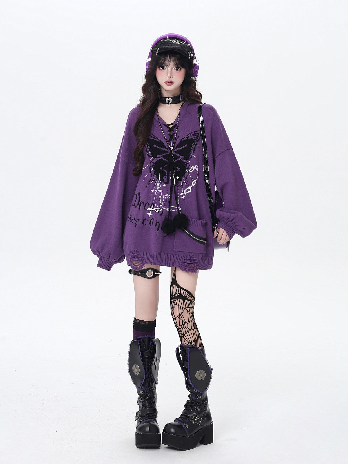 Crazy Girl Butterfly Shackles Original V-Neck Hood Oversized Lantern Sleeve Sweater – Fall & Winter