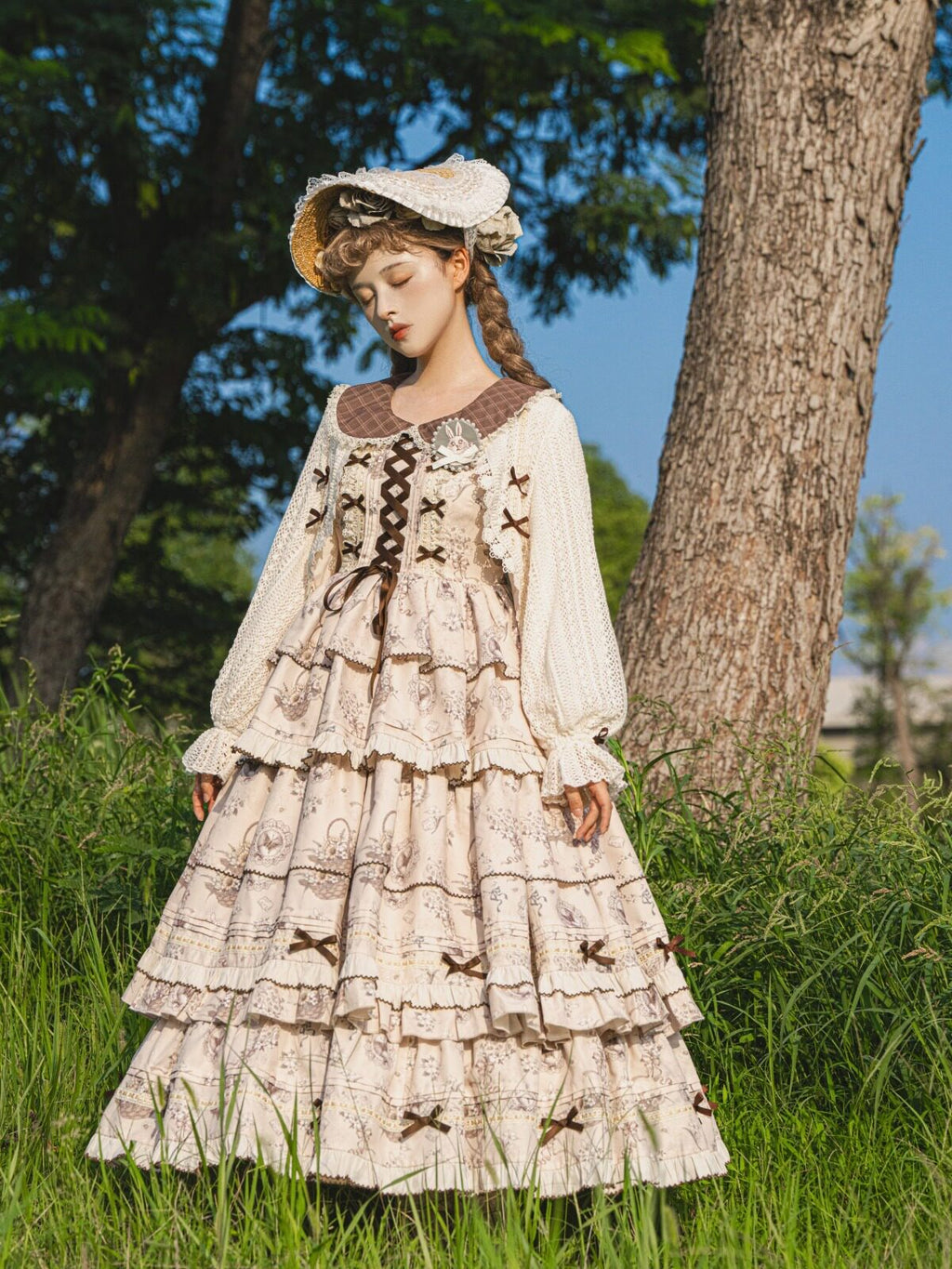 Elegant Lolita Dress Set - Floral Tiered Midi Dress & Coat - Autumn Cream