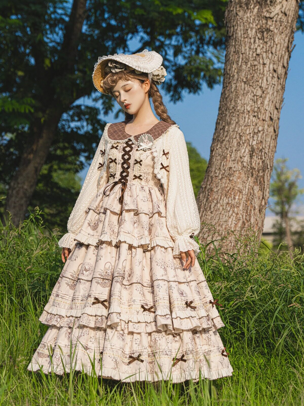 Elegant Lolita Dress Set - Floral Tiered Midi Dress & Coat - Autumn Cream