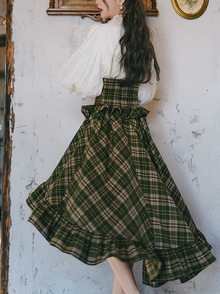 MiAi Original Moon Shadow Ode Victorian Dark Green Plaid Lolita Skirt | Rose Clasp Ruffle Long | S-L