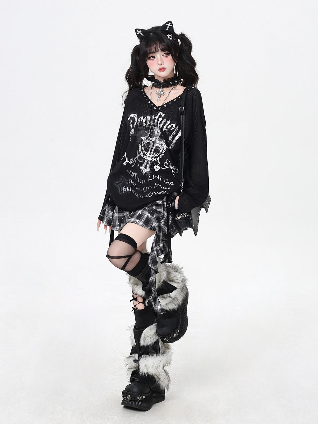 Shibuya Angel Subculture V-Neck Niche Design Oversized Sheer Long Sleeve Top T-Shirt – Spring Fall