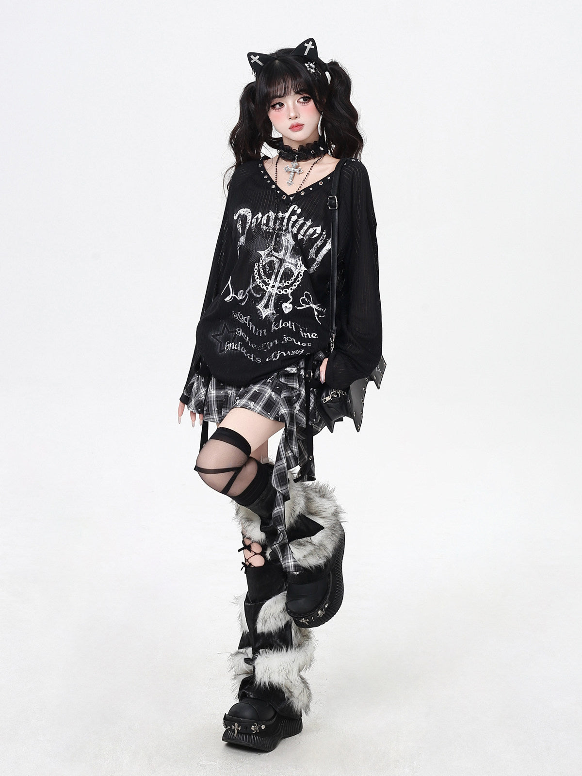 Shibuya Angel Subculture V-Neck Niche Design Oversized Sheer Long Sleeve Top T-Shirt – Spring Fall