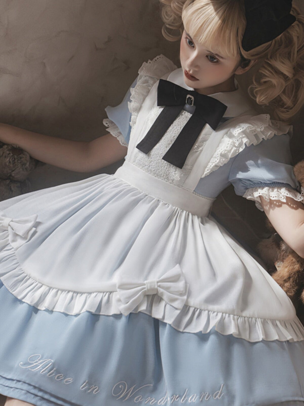 Alice in Wonderland Sweet Lolita OP Dress - Blue Short Sleeve with Apron- S-XXL